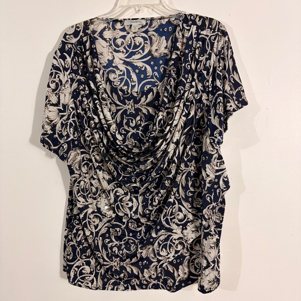 Dressbarn Blouse Woman 3X Navy Blue Sequin Draped Cowl Neck Scroll Top